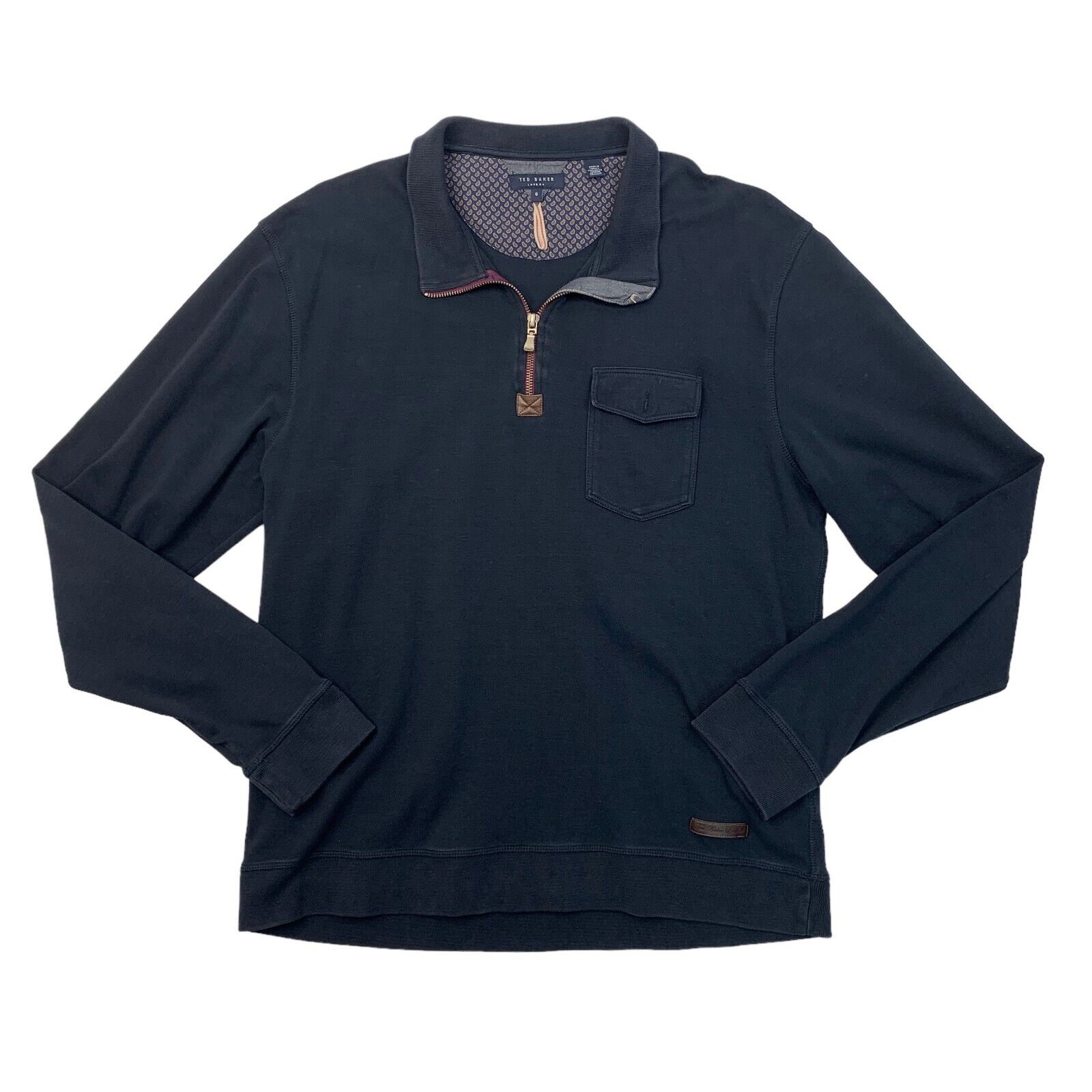 Ted Baker Sweater Mens 6 Navy Blue Quarter Zip Pullover Chest Pocket Sweatshirt